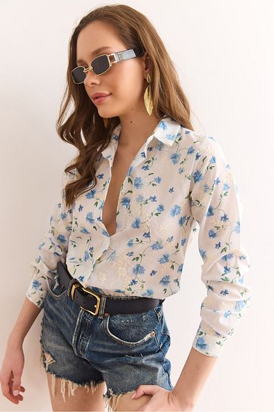 Olalook Γυναικείο Λευκό Μπλε Floral Πουκάμισο Χτένι GML-19001327
