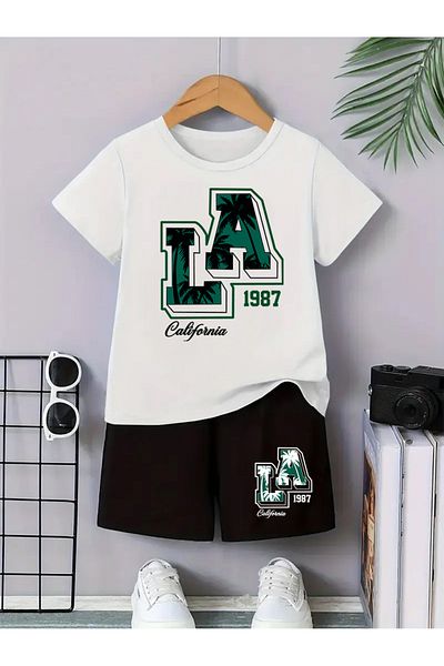 Eysaah Set de pantaloni scurți premium pentru tricou cu guler pentru bicicletă cu imprimeu Los Angeles California pentru copii