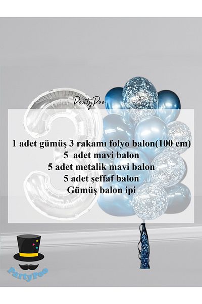 PartyPoo Silver Number Foil Blue Balloon Set 15Pcs Birthday Balloon Set Transparent Balloon Metallic Balloon