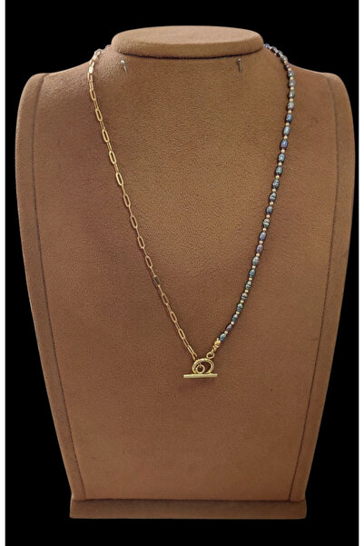 AYTENS TAKI Doğal siyah inci kolye, paslanmaz çelik zincir ve O-T kapama komb...