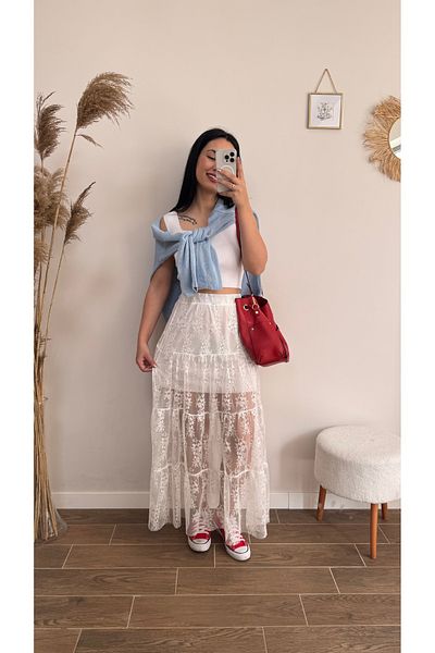 DUSOHOME Lace Maxi Skirt Lined Tulle Skirt