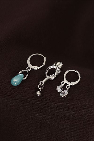E BULURUM Knot Model Silver Color Metal Blue Stone Detailed Multiple Earrings