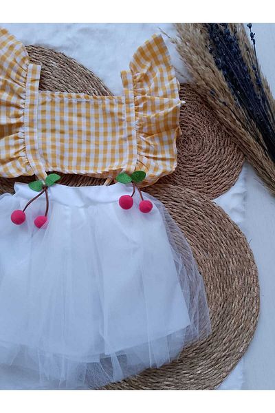 ayzen store Cherry Detailed Bow Lined Tulle Girl Dress