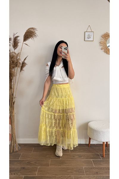 DUSOHOME Lace Maxi Skirt Lined Tulle Skirt