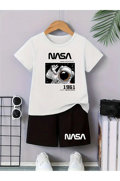 Eysaah Nasa Printed Premium Tshirt Shorts Set with Cycling Collar for Kids