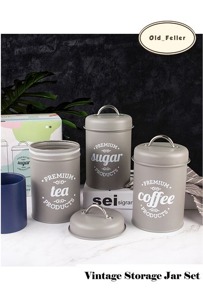 Old_Feller 3-Piece Vintage Metal Canisters - Airtight Coffee/Tea/Sugar Storage, Decorative Kitchen Jars