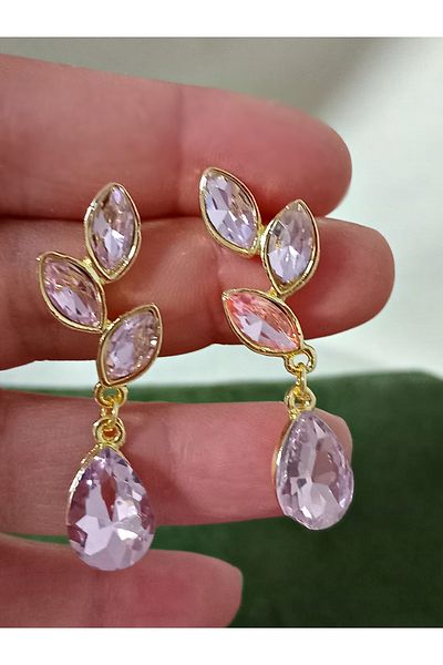 mos&more Pink Gold Crystal Stone Leaf Earrings