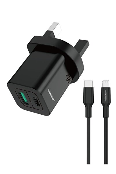 Jeebel | شاحن حائط 45 واط USB-C PD + USB QC3.0 مع كابل MFi Lightning أسود