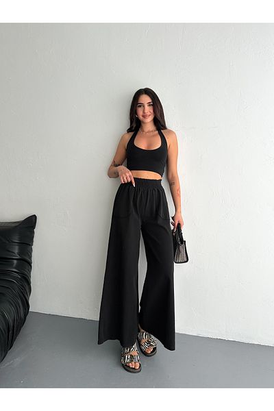sportiness Gabardine Fabric Wide Leg Pants with Elastic Waist