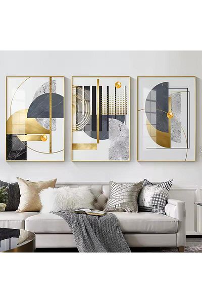 Linacci 3 Piece Gold Metal Frame Abstract Gray Real Glass Painting Set