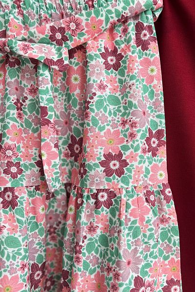 Bold Grup Women's Cherry Floral Layered Skirt Blouse Belted Double Set