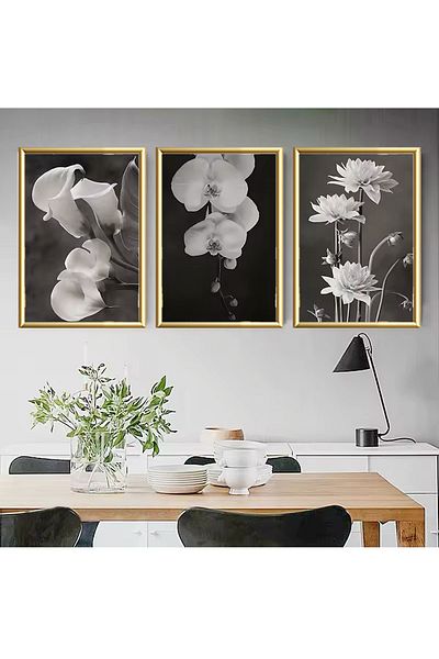 Linacci 3 Piece Gold Metal Frame Black Flower Real Glass Table Set