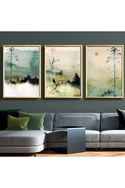 Linacci 3-Piece Gold Metal Frame Abstract Nature Real Glass Table Set