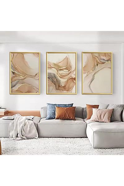 Linacci 3 Piece Gold Metal Frame Marble Pattern Real Glass Painting Set