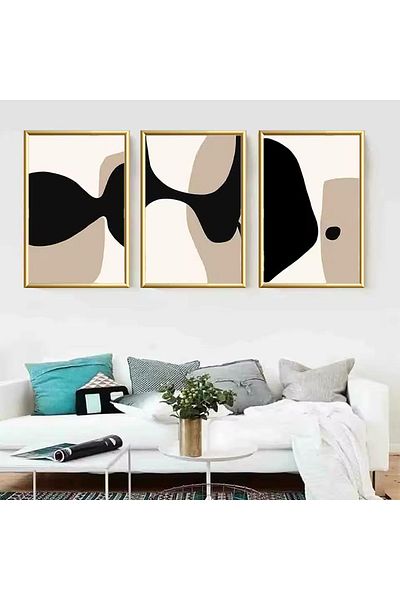 Linacci 3-Piece Gold Metal Frame Cream Beige Real Glass Painting Set
