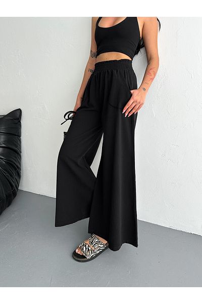 sportiness Gabardine Fabric Wide Leg Pants with Elastic Waist