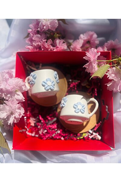 Niveis Kırmızı Hediye Kutulu Kişiye Özel El Yapımı Tasarım Mavi Çiçek Detaylı...