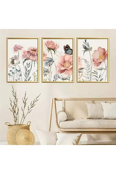 Linacci 3-Piece Gold Metal Frame Pink Flower Real Glass Painting Set