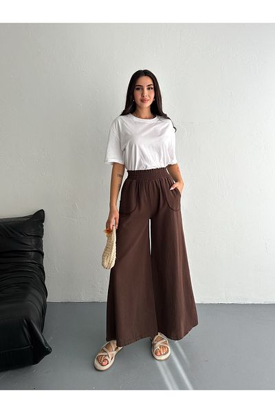 sportiness Gabardine Fabric Wide Leg Pants with Elastic Waist