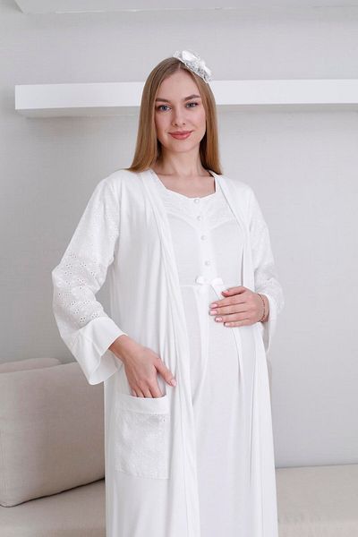 Lohussa Women's Ecru Special Design Lace Maternity Dressing Gown Nightgown Set with Dressing Gown