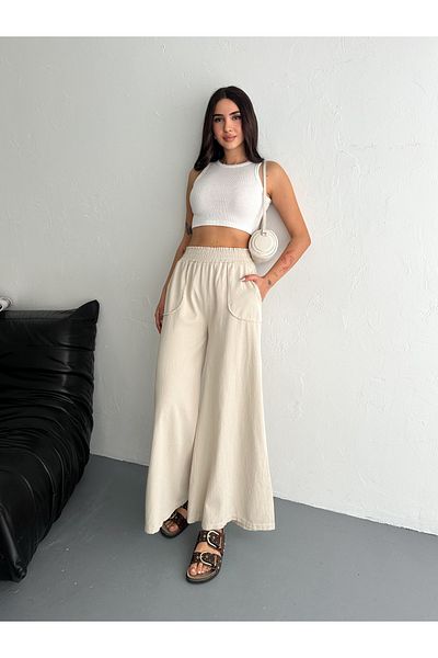 sportiness Gabardine Fabric Wide Leg Pants with Elastic Waist