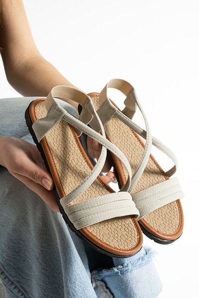 star shoes Sandale de damă din piele intoarsa gri deschis elastic