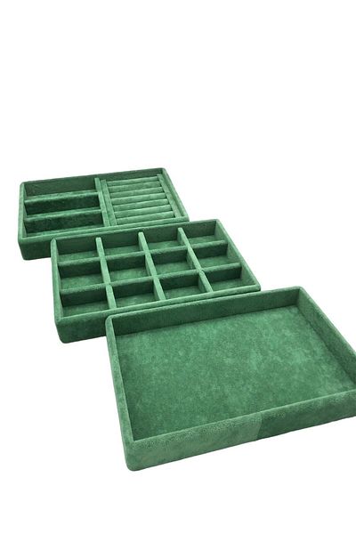 MeGass Dekor Domestic Production Suede Fabric Green Color 3-Piece Set Jewelry Stand Inside Drawer
