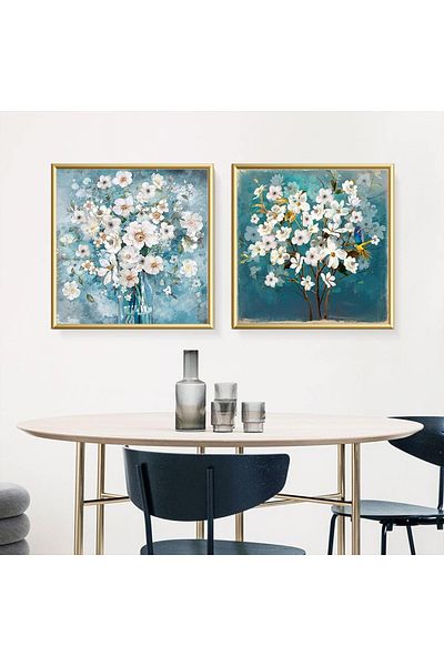 Linacci Set of 2 Gold Metal Framed Square Blue Flower Real Glass Table