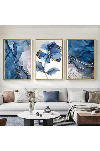 Linacci 3-Piece Gold Metal Frame Blue Marble Real Glass Table Set