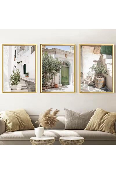Linacci 3-Piece Gold Metal Frame Mediterranean Aegean Real Glass Painting Set