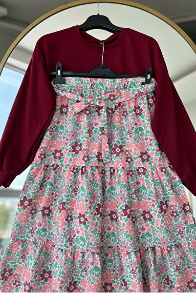 Bold Grup Women's Cherry Floral Layered Skirt Blouse Belted Double Set