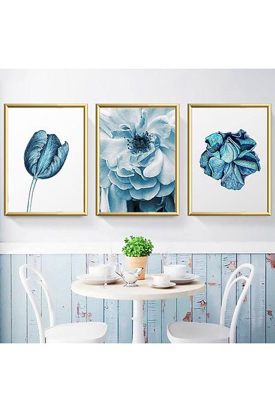 Linacci 3 Piece Gold Metal Frame Blue Flower Real Glass Painting Set