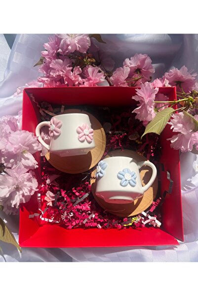 Niveis Kırmızı Hediye Kutulu Pembe & Mavi Çiçek Tasarımlı Kişiye Özel 2'li Po...