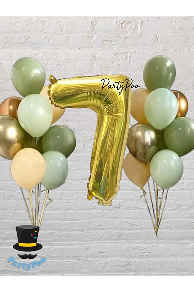 PartyPoo Gold Number Foil Green Balloon Set 15 Birthday Balloon Set