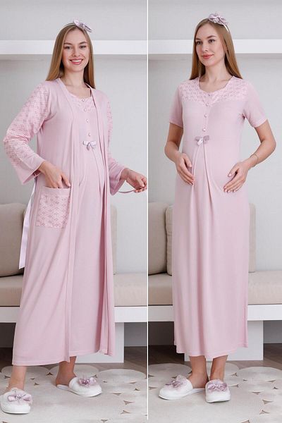 Lohussa Women's Powder Special Design Lace Maternity Dressing Gown Nightgown Set with Dressing Gown