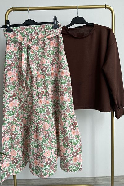 Bold Grup Γυναικεία Cherry Floral Layered Φούστα Μπλούζα Ζώνη Διπλό Σετ