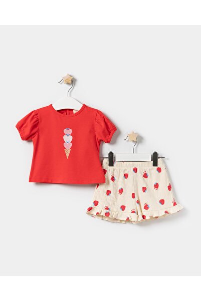 Magu Baby Girl Cotton Red Ice Cream Print T-Shirt and Strawberry Print Shorts Set