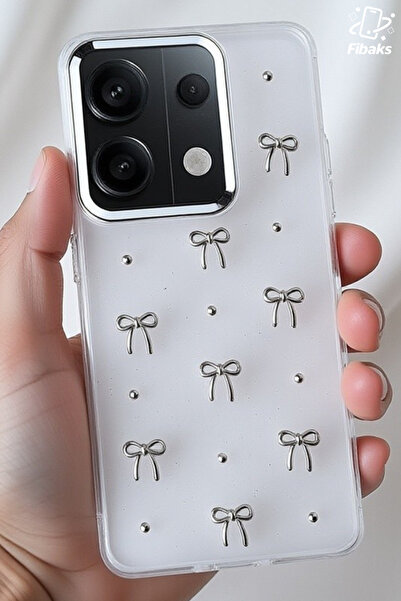 Fibaks Xiaomi Redmi Note 13 Pro 4G Kılıf Fiyonk Desenli Şeffaf Simli Gümüş Kamera Çıkıntılı Parlak Kapak
