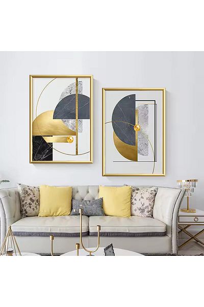 Linacci Set of 2 Gold Metal Framed Gray Abstract Real Glass Painting