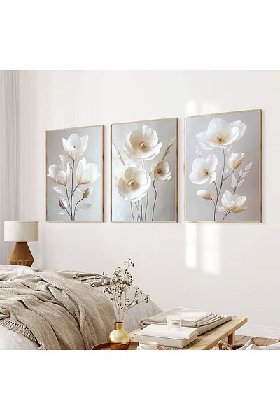 Linacci 3-Piece Gold Metal Frame Gray Flower Real Glass Painting Set
