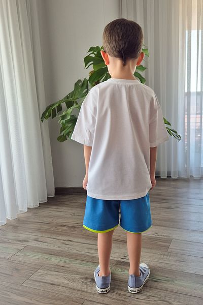 BALKABAĞI Dinosaur Heads Blue Shorts - Oversize T-Shirt Boys 100% Cotton Summer Suit Mtye0081