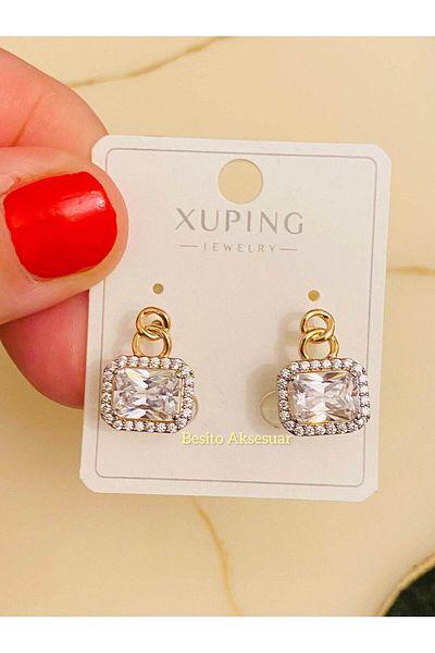 Besito Aksesuar Horizontal Baguette Stone Chain Model Special Series Earrings