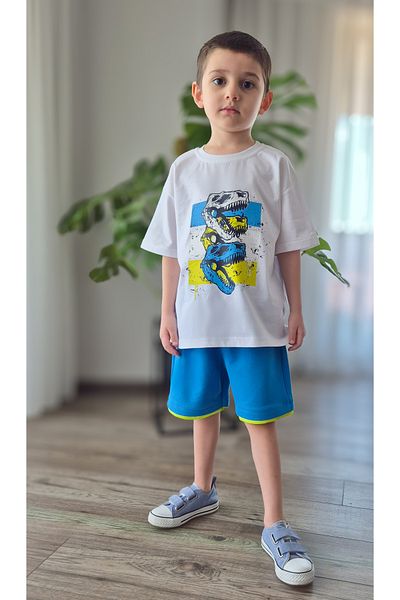My Baby's World Dinosaur Heads Blue Shorts - Oversize T-Shirt Boys 100% Cotton Summer Suit Mtye0081