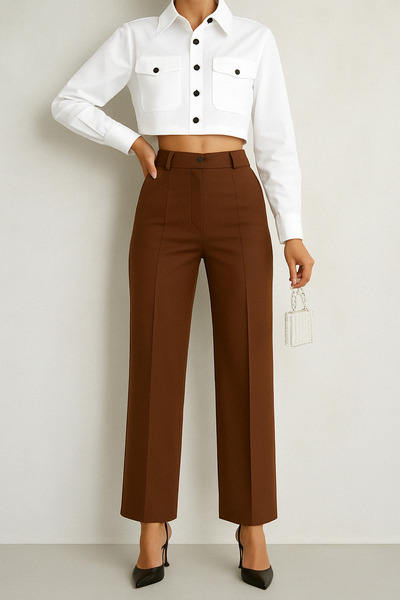 FVTEKSTİL Siyah Yüksek Bel Nervür Dikişli Toparlayıcı Palazzo Kadın Pantolon