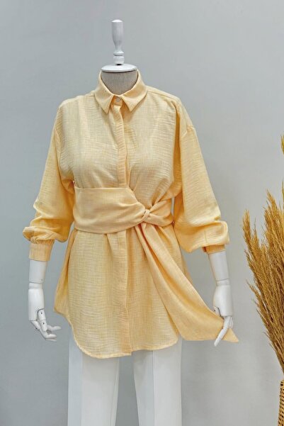 HİFADEN Γυναικείο λινό πουκάμισο με λεπτομέρεια μακρυμάνικο χιτζάμπ Μήκος μανεκέν:1,67 KG:62