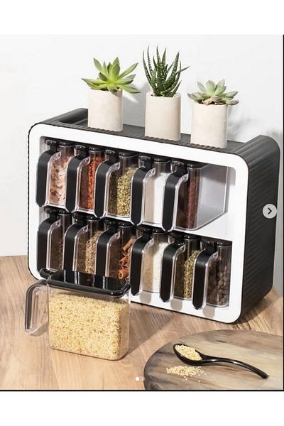 Leony 12-Chamber Spice Rack Set with Stand, Self-Adhesive Spoon and Handle