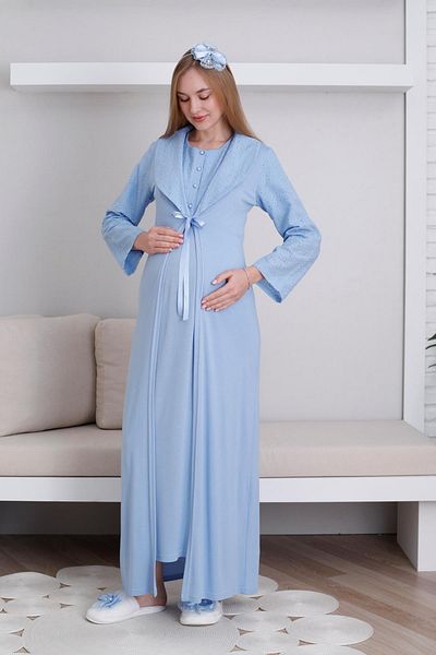 Lohussa Women's Blue Special Design Lace Maternity Dressing Gown Nightgown Set with Dressing Gown