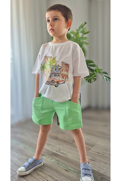 My Baby's World Vintage Car T-Shirt Green Shorts Boy Cotton Summer Suit Mtye0082