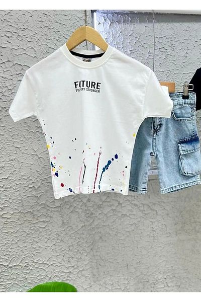 sinmm Denim Shorts Top Combed Cotton Commando Pocket Bottom Top Children's Tooling T-Shirt White Blue 2Li