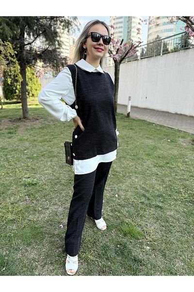 Cardella Vest with Buttons on the Sides, Tunic and Pants Three Piece Set